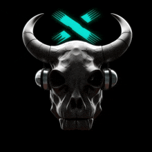 a bull skull with headphones on and a blue x on top