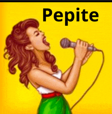 a cartoon of a woman singing into a microphone with the word pepite behind her