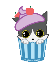 a cat wearing a purple hat is in a blue striped cupcake by laura nagel