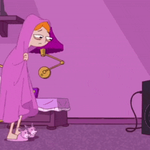 a cartoon character is wrapped in a purple blanket and standing in front of an alarm clock