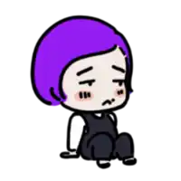 a cartoon of a girl with purple hair sitting down with a sad face .