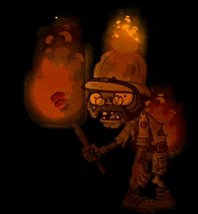 a cartoon zombie is holding a torch in his hand and a torch in his mouth .