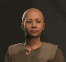 a woman with a bald head wearing a brown shirt