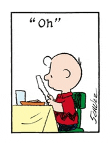 a cartoon of charlie brown sitting at a table with a plate of food and a glass of water .