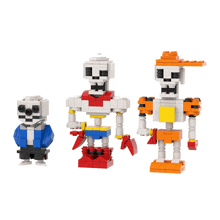 three lego skeletons standing next to each other on a white surface