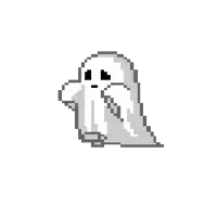 a pixel art illustration of a ghost with a sad face .