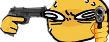 a yellow smiley face is holding a gun in front of it 's face .