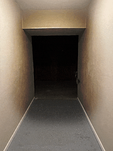 a dark hallway with a gray floor and a white trim