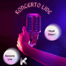 a hand holding a microphone in front of a concerto live sign