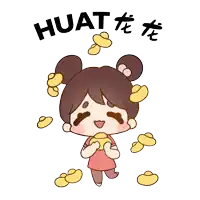 a cartoon girl is surrounded by gold coins with the word huat above her