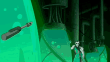 a cartoon character is standing in front of a large green tank