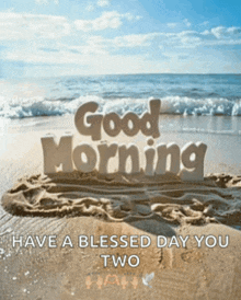 a picture of a beach with the words good morning on it