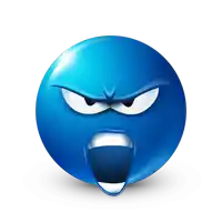 a blue smiley face with a very angry expression