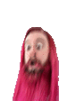 a close up of a person with pink hair and a beard .