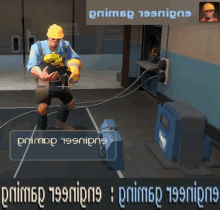 a man in a hard hat is holding a nail gun in front of a sign that says " prim6p 199nips "