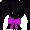 a black bunny with purple eyes and a purple bow on its neck .