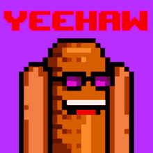 a pixel art of a hot dog with sunglasses and the words yeehaw