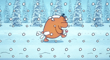 a cartoon character is running in the snow while holding a cup