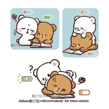 a cartoon of two bears reading a book with the words follow milkmochabear for more comics