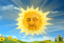 a sun with a man 's face on it in a field of flowers