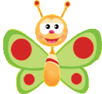 a cartoon butterfly with green wings and red dots on them