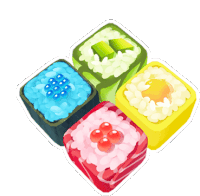 four different colored sushi rolls with different toppings on a white background