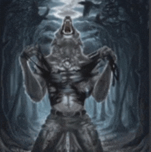 a painting of a werewolf with its mouth open in a forest