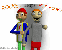 two cartoon characters standing next to each other with the words rocket helps the f coded written above them