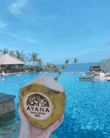 a person holding a coconut that says ' ayana resort and spa bali '