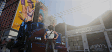 a man stands in front of a benny 's motor works building