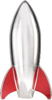 a silver rocket with red wings and a white background