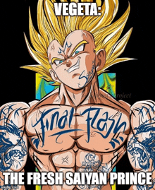 a cartoon of vegeta with a tattoo on his chest that reads final flash