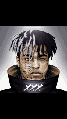 a drawing of a man with dreadlocks and a collar that says xxx on it