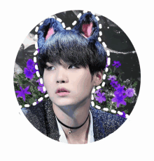 a boy with blue hair and cat ears is in a circle with purple flowers in the background