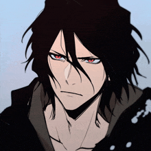 a man with long black hair and red eyes