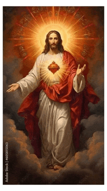 a painting of jesus with a heart in his chest surrounded by rays of light .