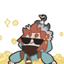 a cartoon character with sunglasses and a bird on his head is sitting in a pile of gold .