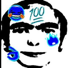 a black and white drawing of a face with a blue smiley face and the number 100 on it