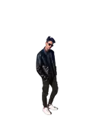 a young man wearing sunglasses and a black leather jacket stands on a white background