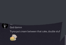 a cartoon of a cat eating a hamburger with the words " god damnn tryna put cream between that cake double stuff "