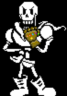 a pixel art drawing of papyrus holding the infinity gauntlet .