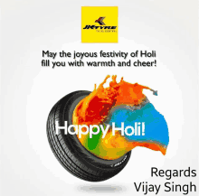 an advertisement for a tire company says happy holi regards vijay singh