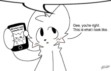 a black and white drawing of a cat holding a cell phone and talking to it .