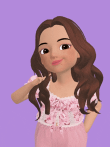 a cartoon girl with long brown hair is wearing a pink floral top