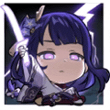 a girl with purple hair is holding a sword and a lightning bolt in her hand .