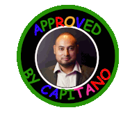 a sticker that says approved by capitano with a man in the center