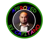 a sticker that says approved by capitano with a man in the center