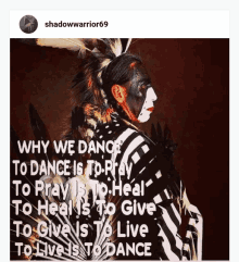 a picture of a native american with feathers on his head and a quote from shadowwarrior69