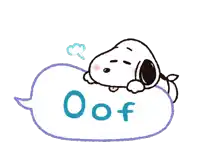 a cartoon of snoopy laying on a cloud with a speech bubble that says oof