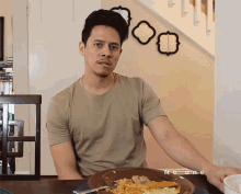 a man sitting at a table with a plate of food and the word no one on the bottom left